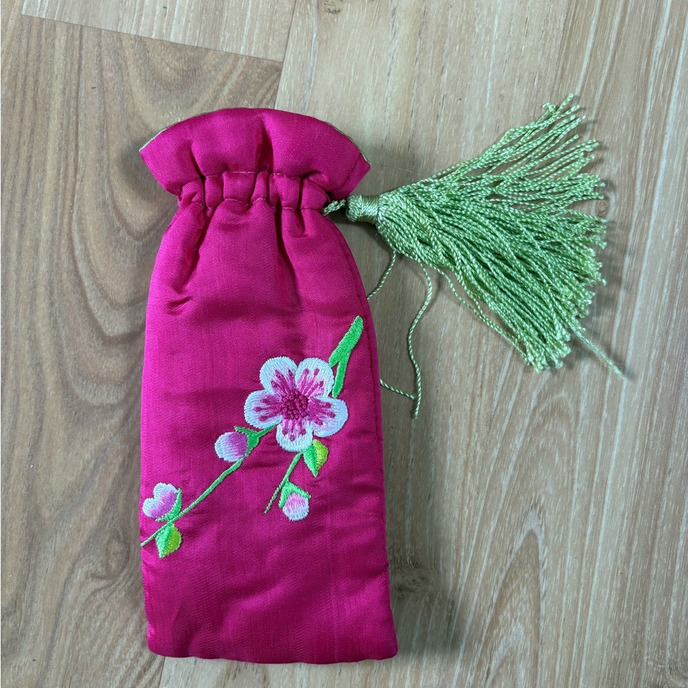 Floral Embroidered Pink Pouch with Green Tassel